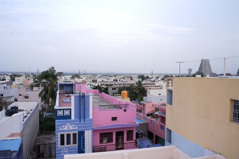 Panoramic view of Tiruvannamalai rooftops with a temple gopuram
