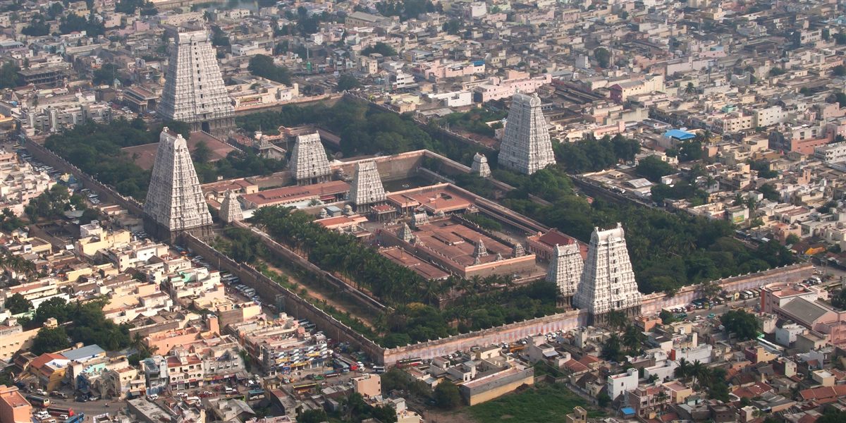 Aerial view of all four rajagopurams of the Arunachaleswarar Temple complex, Tiruvannamalai